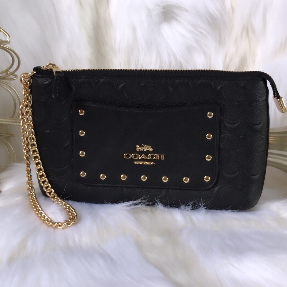Coach Black Leather Clutch with Gold Chain